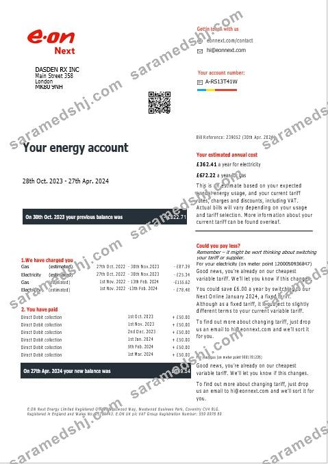 United Kingdom Eon gas and electricity business utility bill in Word and PDF formats, version 7
